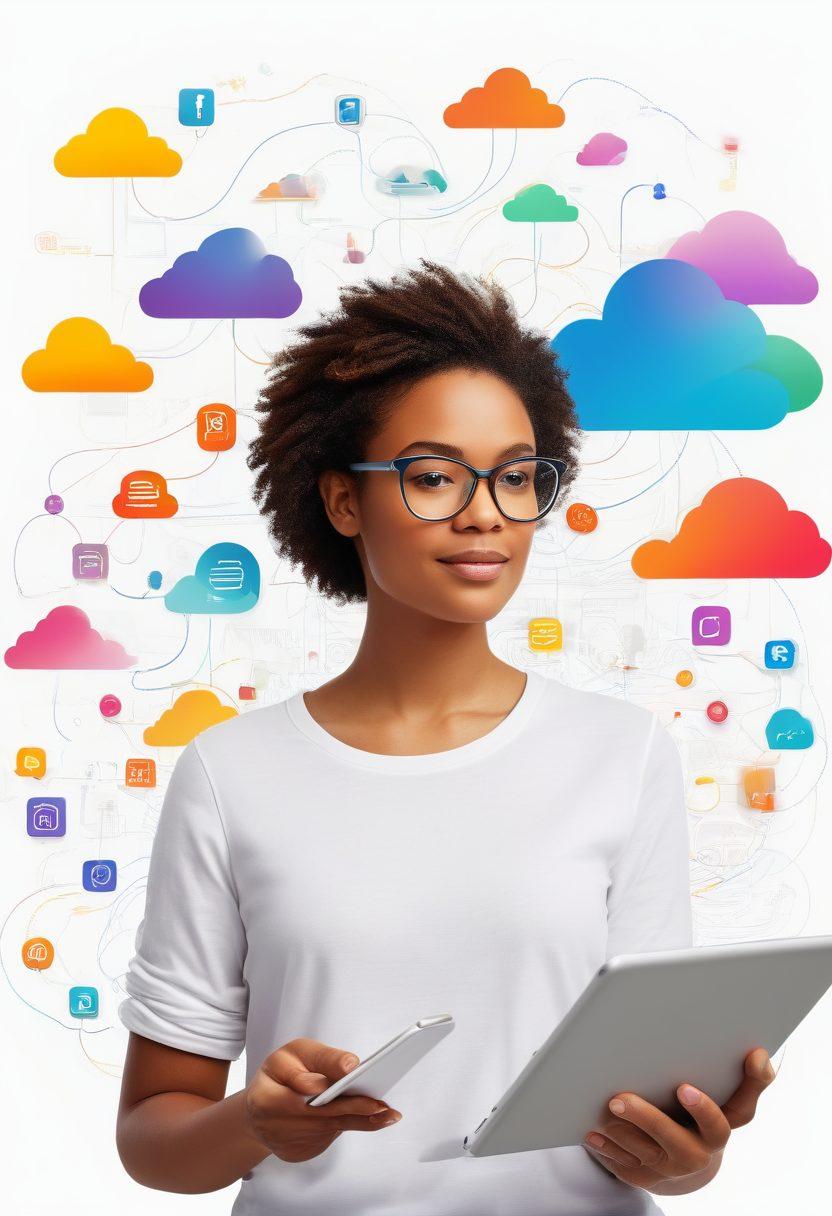 A dynamic digital journal scene featuring diverse users creating and sharing content on various devices, interconnected with vibrant lines symbolizing collaboration. Include elements like colorful user avatars, engaging posts, and a backdrop of a cloud filled with ideas and creativity. The overall feel should convey energy and community engagement. super-realistic. vibrant colors. white background.