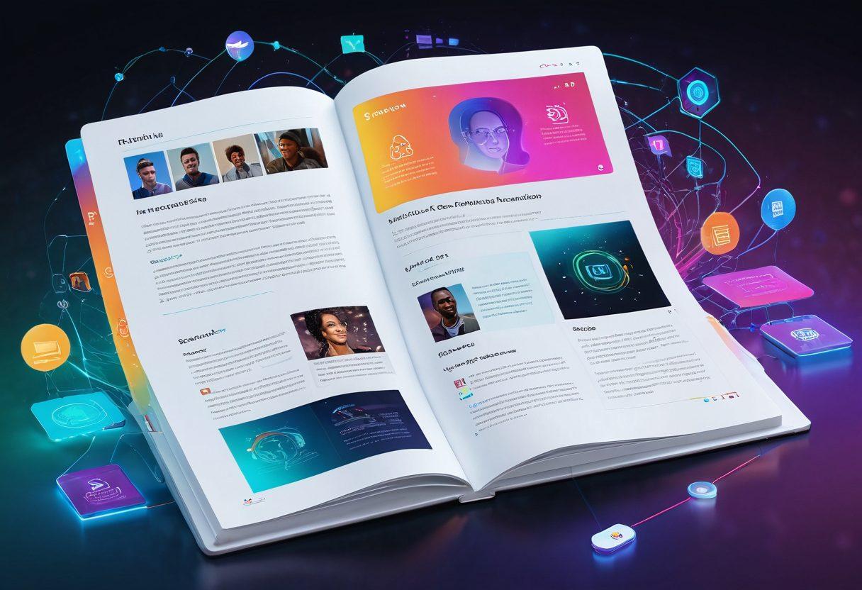 A futuristic digital diary interface displaying vibrant user-contributed stories and artwork, with holographic elements emerging from pages, colorful icons symbolizing diverse contributions, and a subtle backdrop of connected digital networks. The scene captures a sense of community and innovation in storytelling. super-realistic. vibrant colors. 3D.