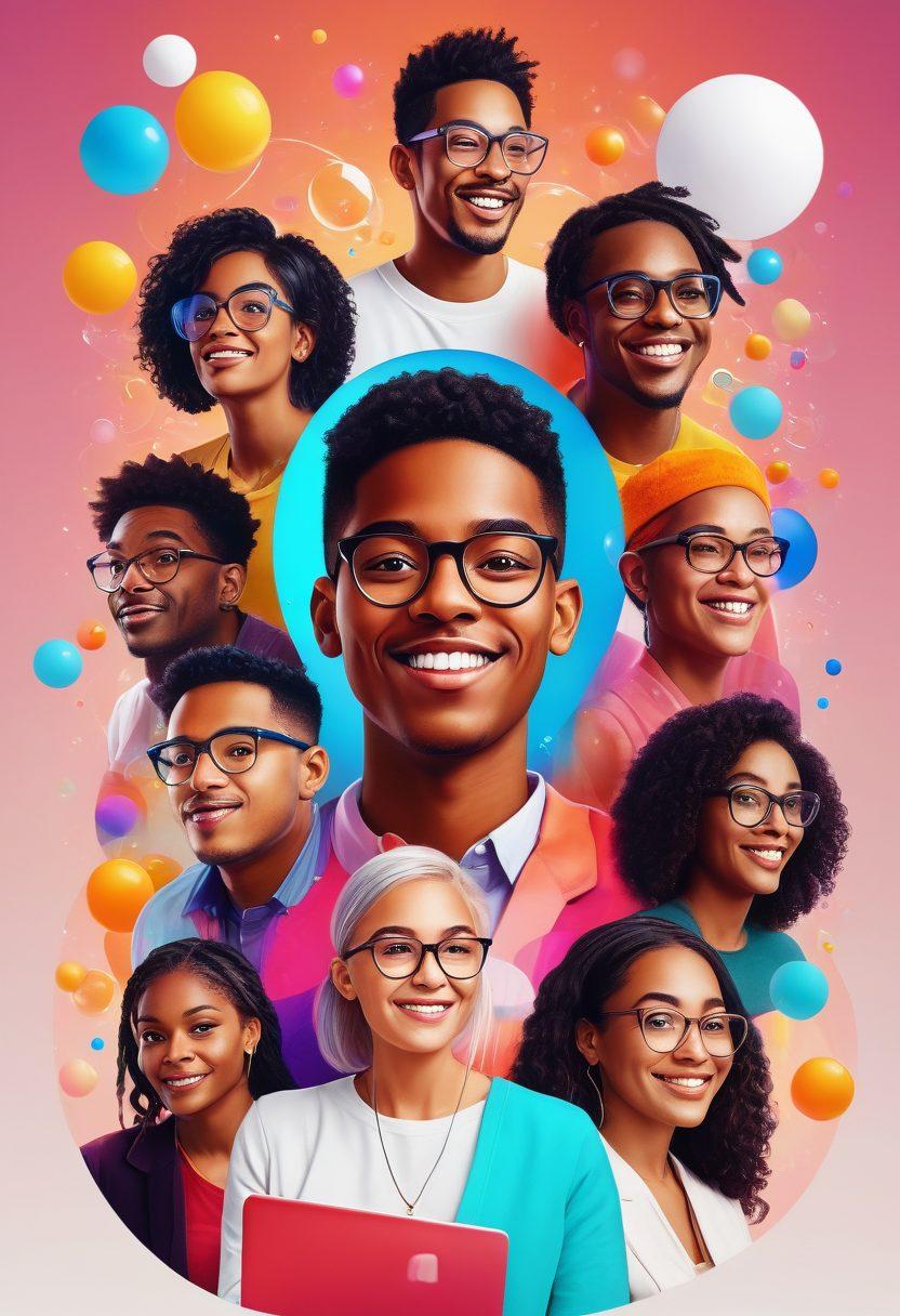 A vibrant and dynamic digital scene showcasing diverse community members engaging in a lively online platform. Illustrate people of various ages and backgrounds interacting through video calls, sharing ideas, and collaborating on projects, with floating bubbles of digital content around them. Include elements of social media icons and interactive tools to symbolize engagement. Bright colors and a modern design evoke a sense of connectivity and impact. super-realistic. vibrant colors. white background.